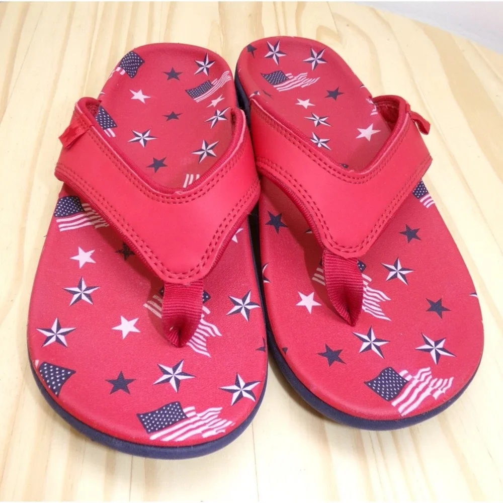 Spenco Flip Flop Sandals Womens Yellow 3D Applique Floral & Red Flags Stars Sz 7